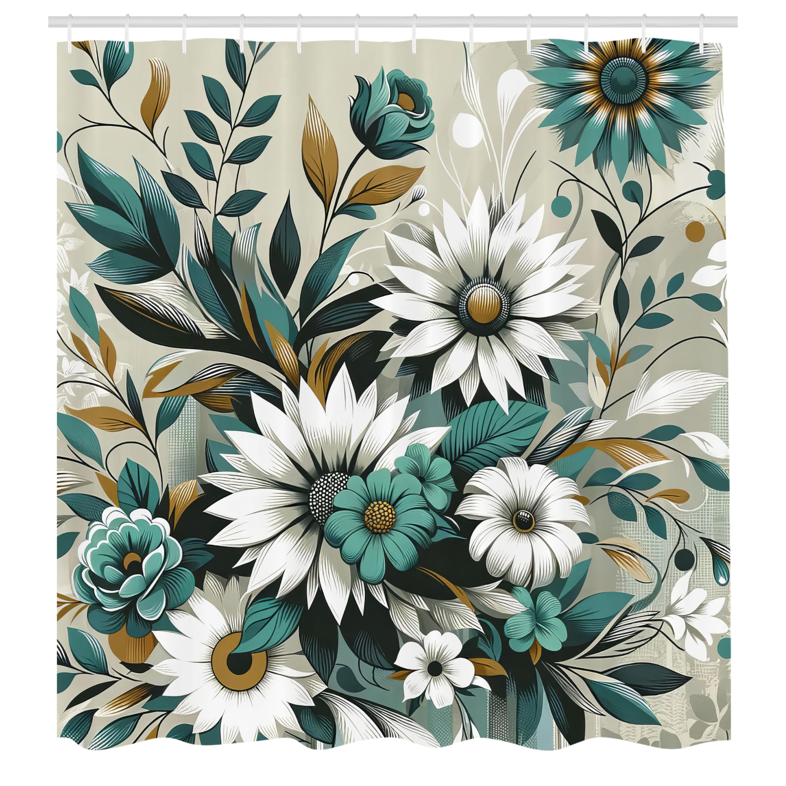 Ambesonne Teal Shower Curtain, Modern Urban Jungle Boho Concept Dancing Daisy With Curving Leaves Huddle, Cloth Fabric Bathroom